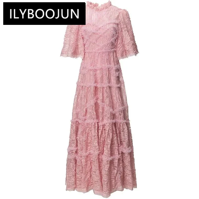 

ILYBOOJUN Fashion Women's 2024 Spring New Flying Sleeve Mesh Flounced Edge Embroidered Sequin Patchwork Long Ball Gown Dress