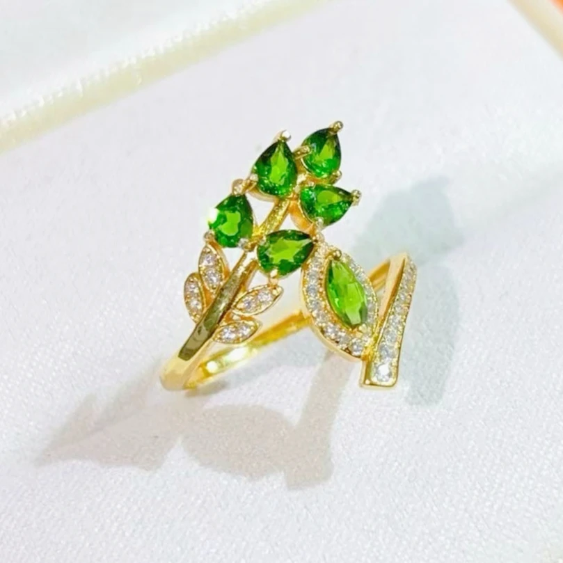 

Изысканное серебряное кольцо 925 пробы в форме листа с натуральным диопсидом, с сертификатом, подлинное украшение из хромдиопсида с позолотой 18 карат