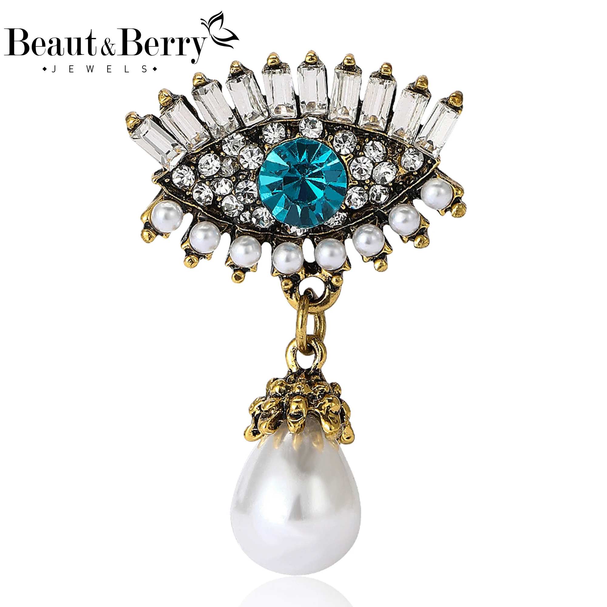 Beaut&Berry Luxury Rhinestone Devil Eyes Brooches for Women Pendant Pins Casual Party Accessories New Gifts Friends Decoration