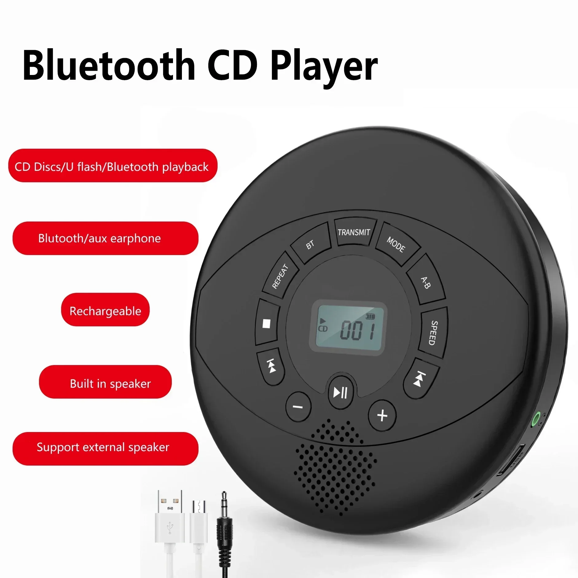 Leitor de CD com leitor de CD portátil Bluetooth USB / AUX / porta de fone de ouvido Walkman alto-falantes embutidos recarregáveis