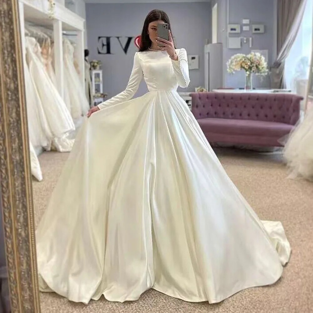 Vestidos de novia musulmanes de manga larga, ropa elegante de satén con cuello redondo, Estilo Vintage gótico