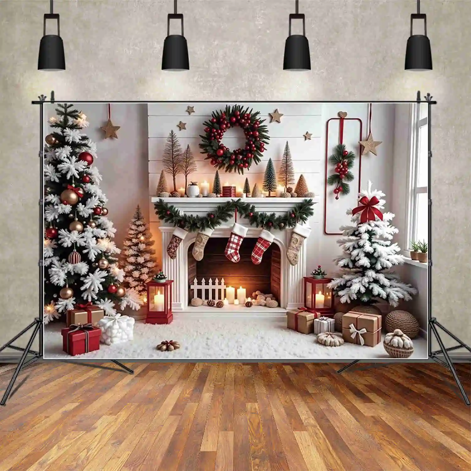 MOON.QG 2024 Christmas Photography Backdrop Ornaments New Year Window Photozone Background Children Photo Studio Photozone Props