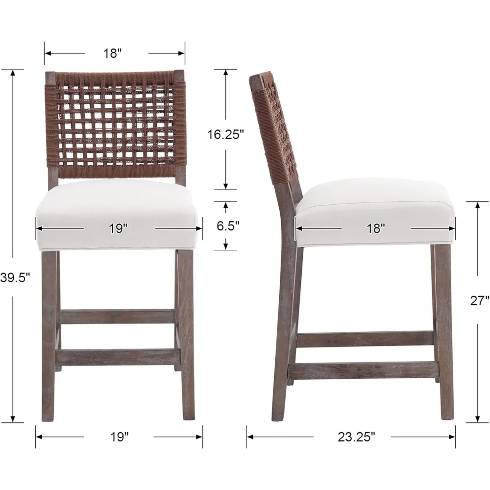 Conjunto de bancos de bar com corda tecida, 4 bancos de bar de madeira sem braços com altura de balcão para cozinha, ilha, sala de jantar, pubs