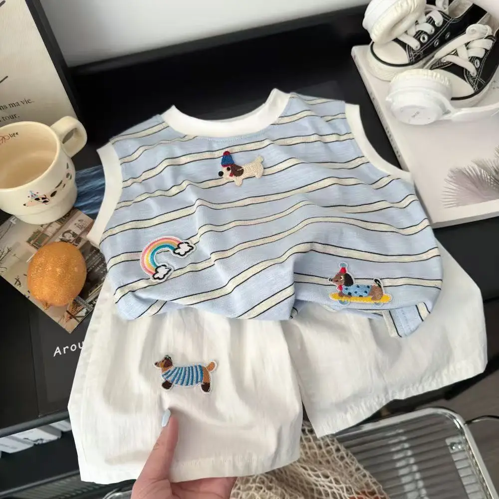 Children Summer Kids Boys Clothes Suit Cartoon Rainbow Puppy Vest Shorts 2Pcs/sets Toddler Casual Clothing Infant Tracksuits