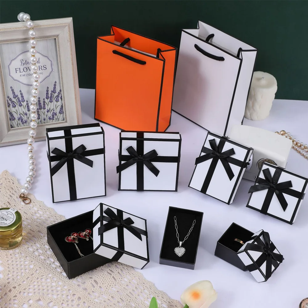 5pcs White Orange Bow Boxes Necklace Earring Ring Jewelry Packaging Lid And Base Box With Black Foam Insert Wedding Gift Case