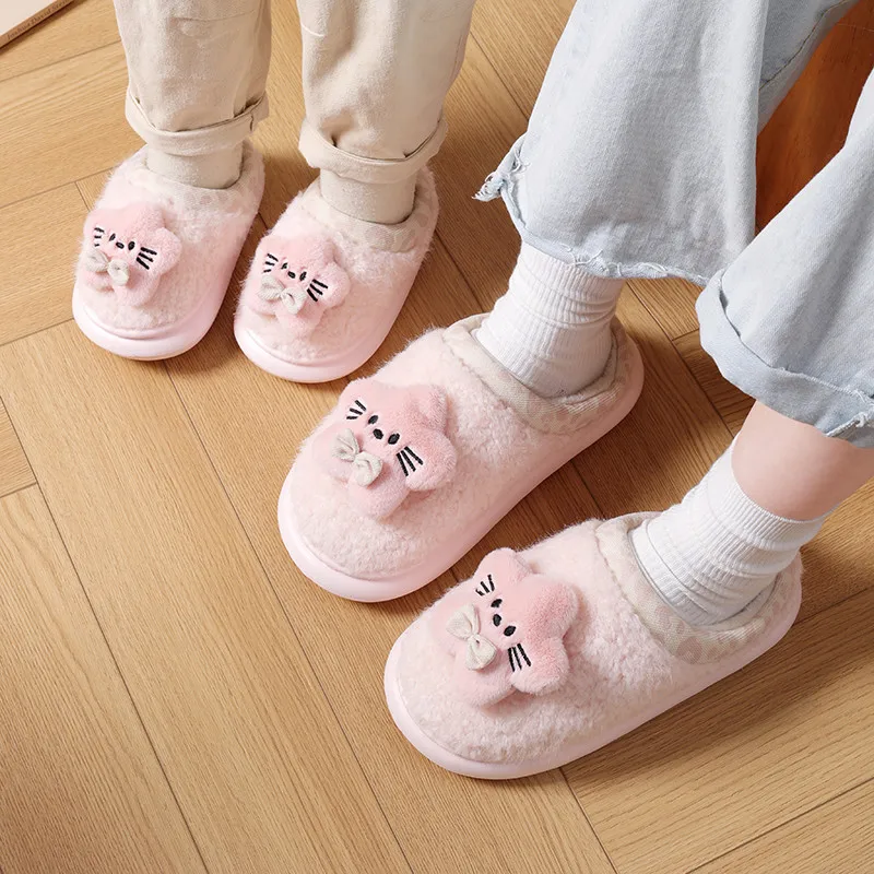 Kids Adults Winter Fuzzy Slippers Cute Kitty Bow Plush Slippers Leopard Print Collar Warm Fluffy Indoor Home Shoes Size 24‑41 - view 5