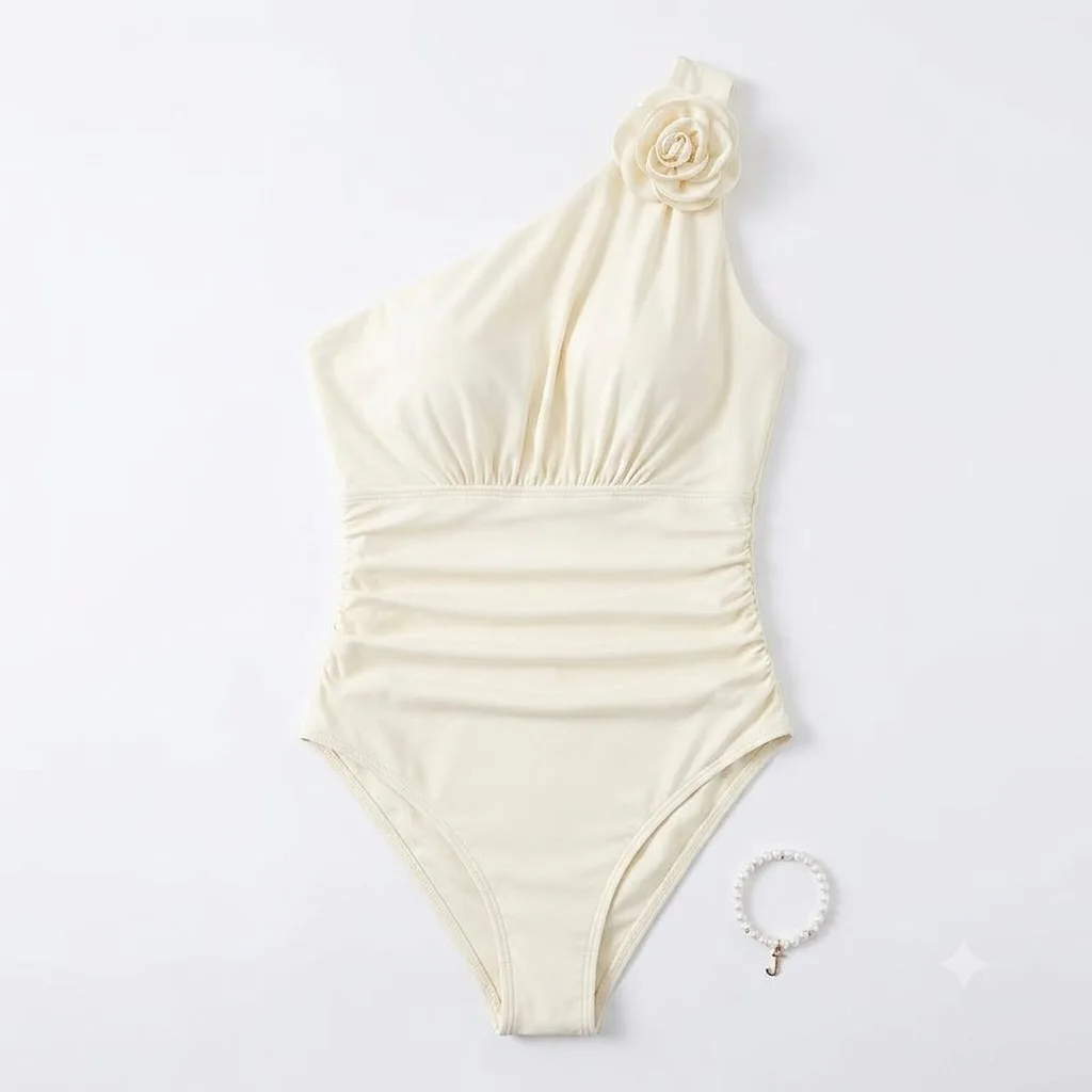JEWELRY SEN Women One‑Piece Swimsuit One‑Shoulder 3D Flower Decor Ruched Tummy Control High‑Cut Monokini Summer Beach Bathing Su