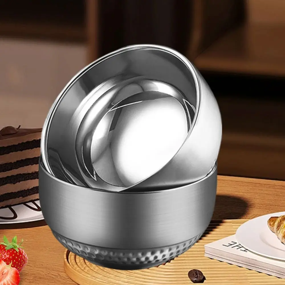 2 Piece 304 Stainless Steel Double-layer Rice Bowl Unbreakable Scald-proof Children's Bowl Hammered Pattern Thickened