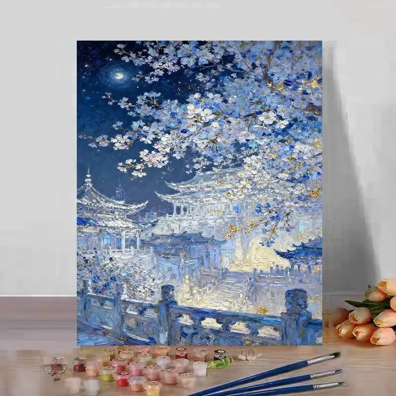 Acrylfarben nach Zahlen: Stadt-Frühlings-Serie – Malen nach Zahlen auf Leinwand für Erwachsene – Digitale Kunst zum Ausmalen