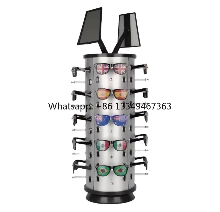 حامل عرض للنظارات الشمسية قابل للدوران 360 درجة مع مرآة، رف دائري للنظارات، عرض النظارات لشركة الشركة المصنعة للمتجر البصري