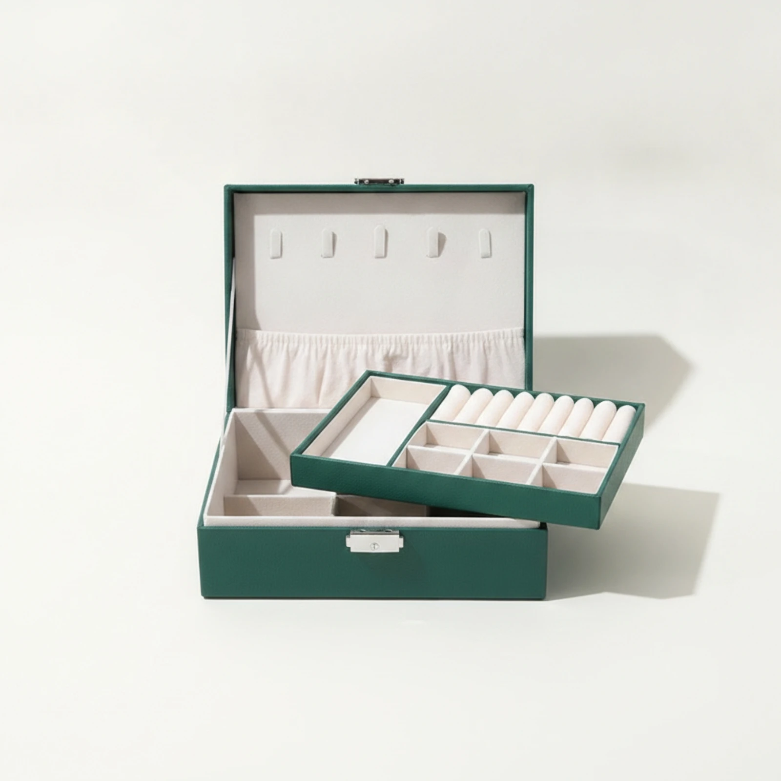 Double-Layer Jewelry Box Leather-Like Jewelry Box with Removable Tray Hard-Shell Multi-Compartment for Women, Dressing Table