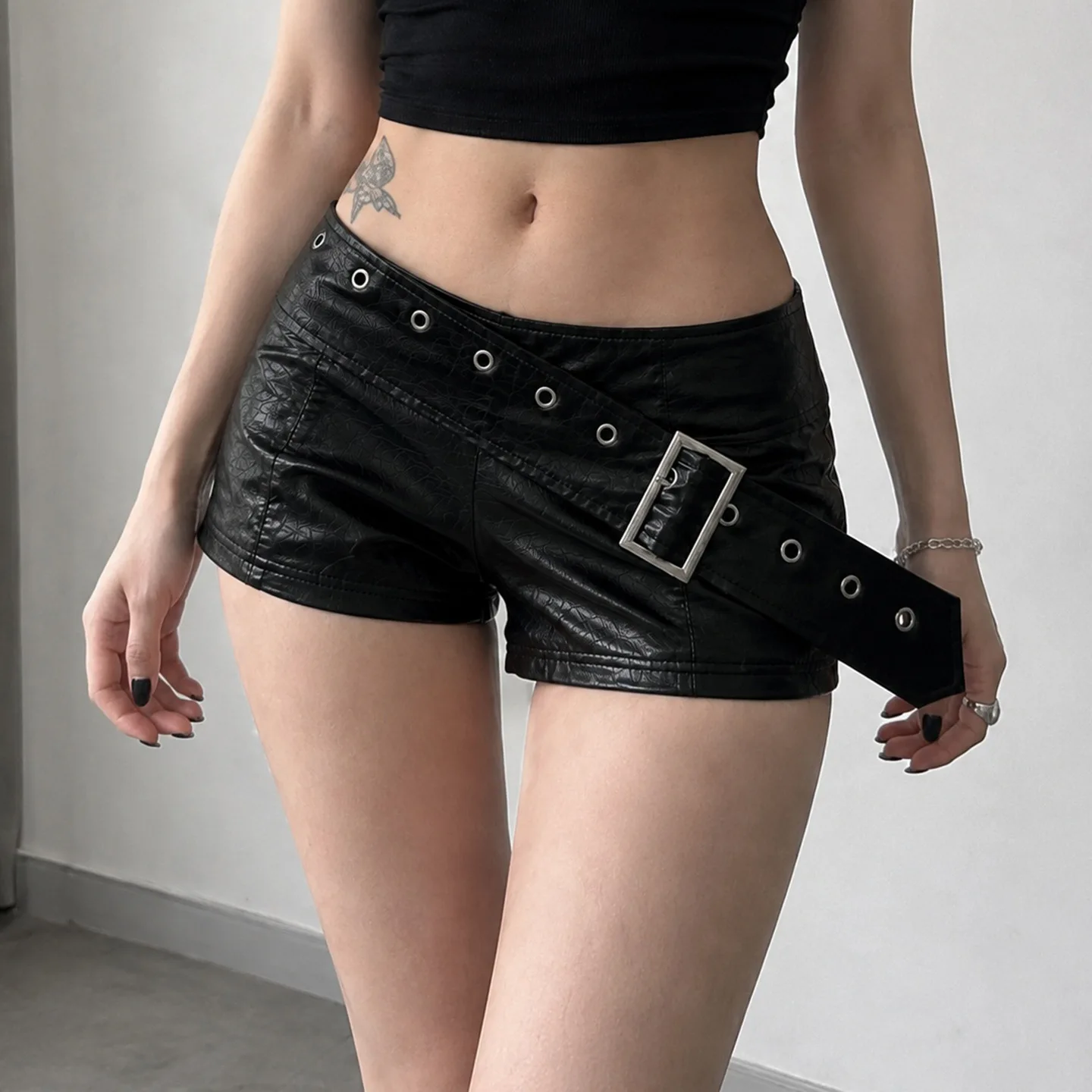 Punk Style Low Waist Metal Buckle Belt Spice Girl Hip Wrap Pu Leather Shorts Vintage Hot Pants Women