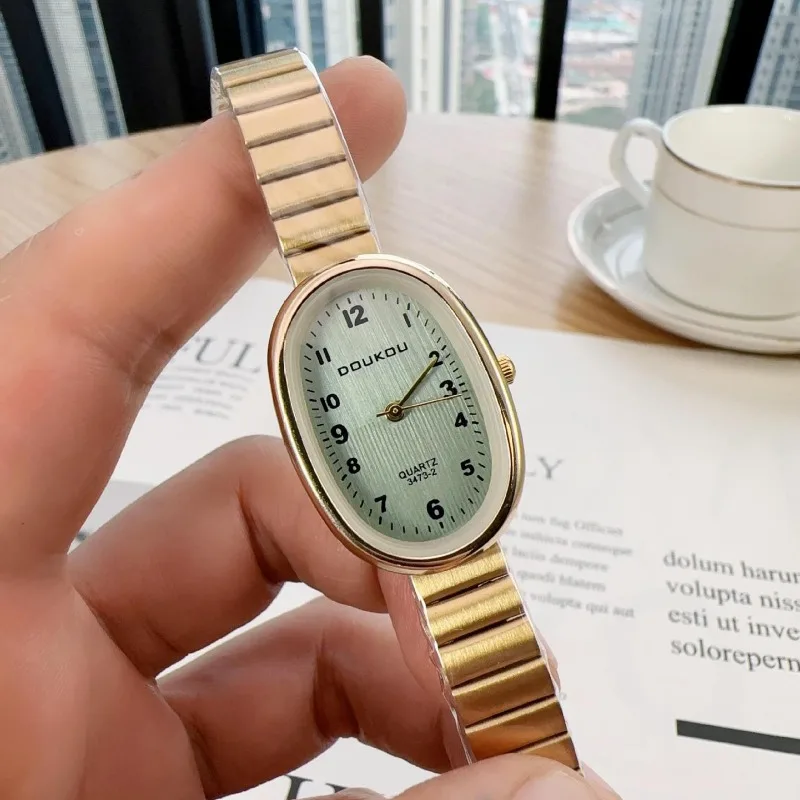 2024 New Oval Dial Women's Watch Stainless Steel Adjustable Bamboo Strap Wristwatch Luxury Gift Quartz Watch for Female Students