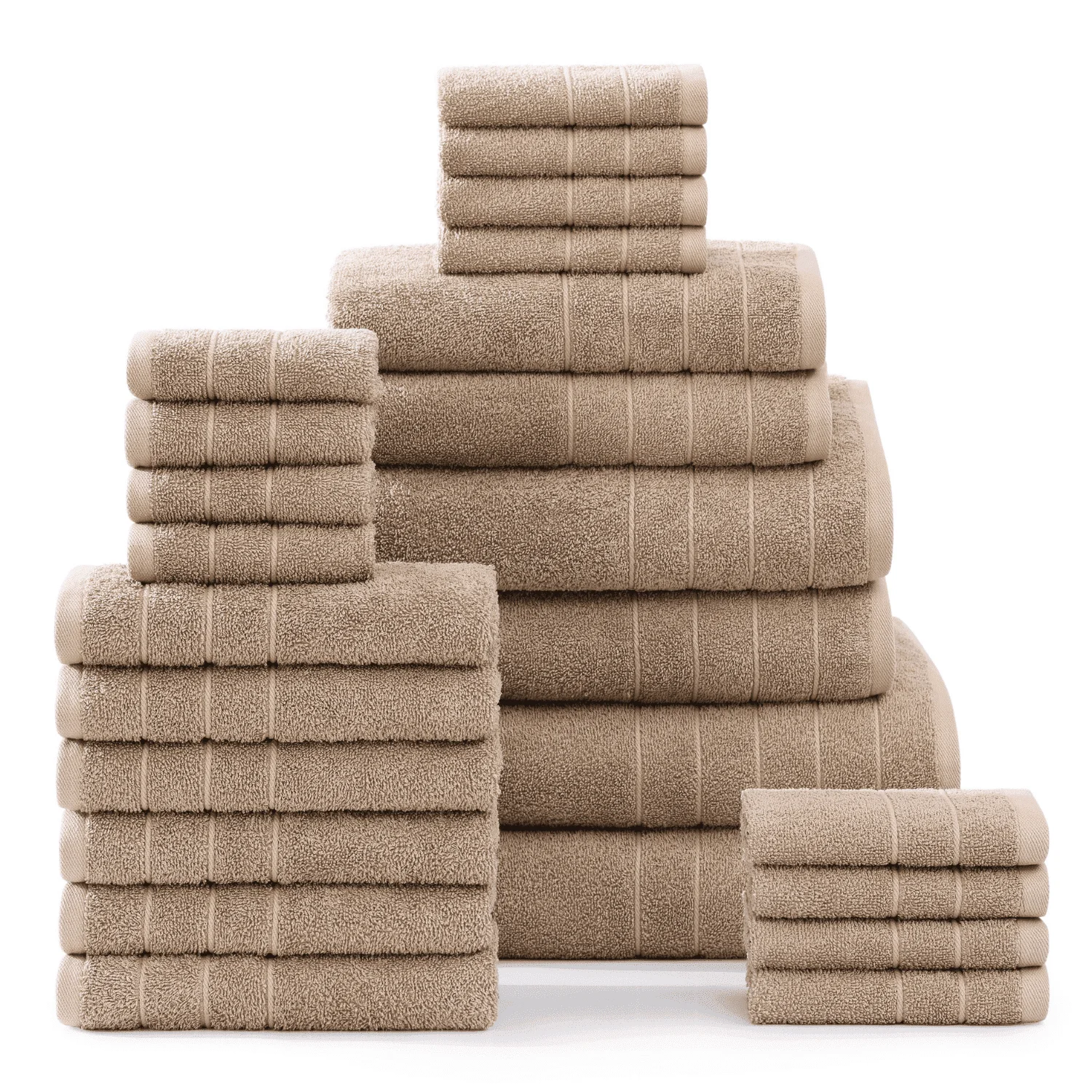 

24 bathroom towels, 2 bath towels, 2 large bath towels, 2 workout towels, 6 hand towels, 8 towels and 4 fingertip towels