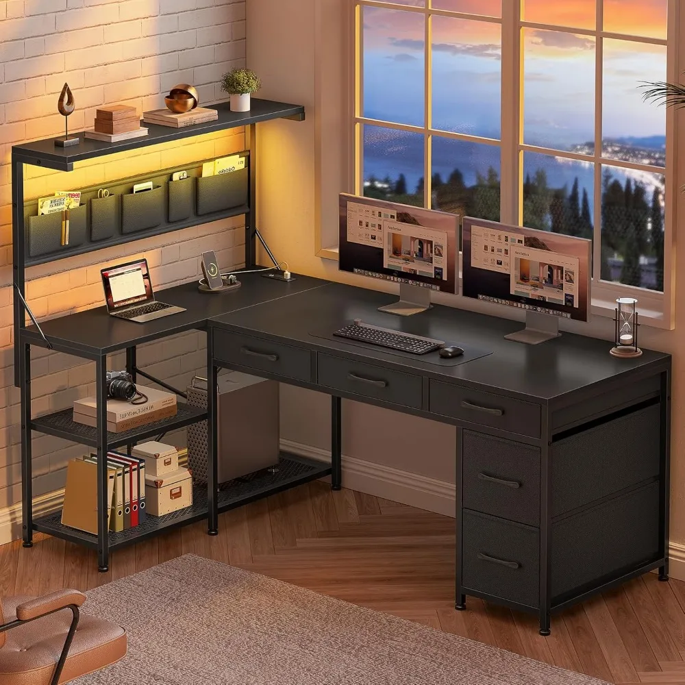 L Shaped Gaming Desk with 5 Drawers and Storage Shelves, Reversible Computer Desk with Bookshelf for Home Office