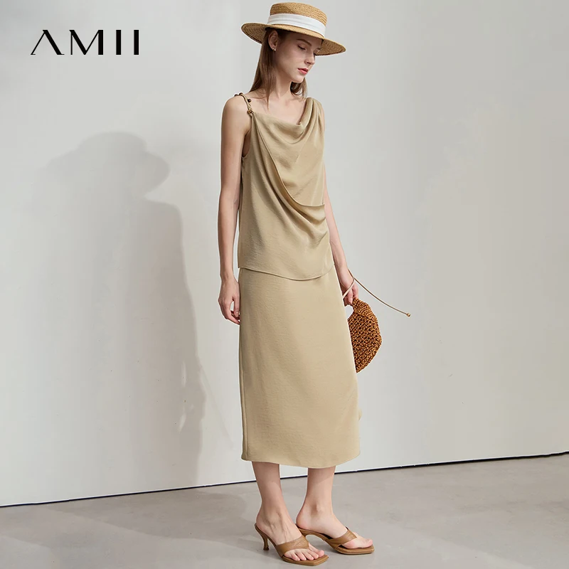 

AMII Minimalist Solid Summer Camisole Dress Women New 2025 Sling Collar Pleated Sleeveless Loose Dresses Female Fashion 12552040