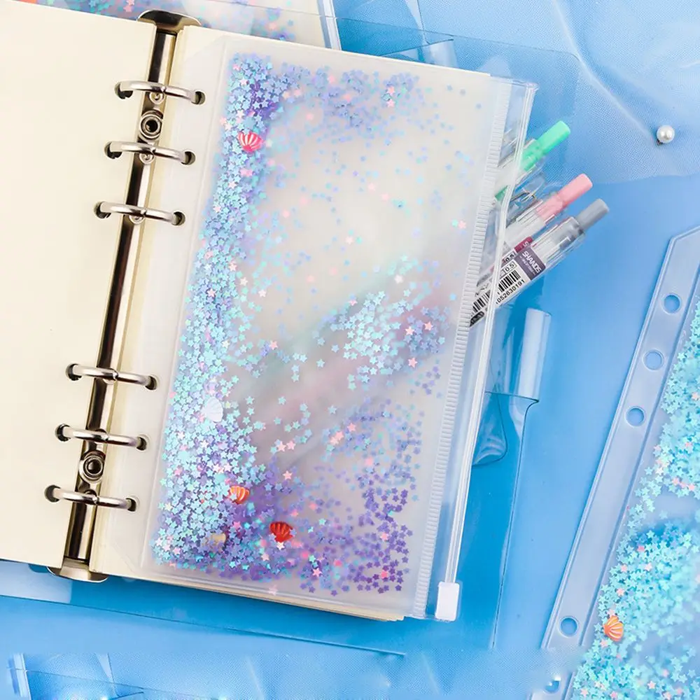 Tas Penyimpanan File Kantor PVC Glitter Sequin dengan Ritsleting, Kantong Penyimpanan Binder, Kantong Dalam, Tempat File A5/A6