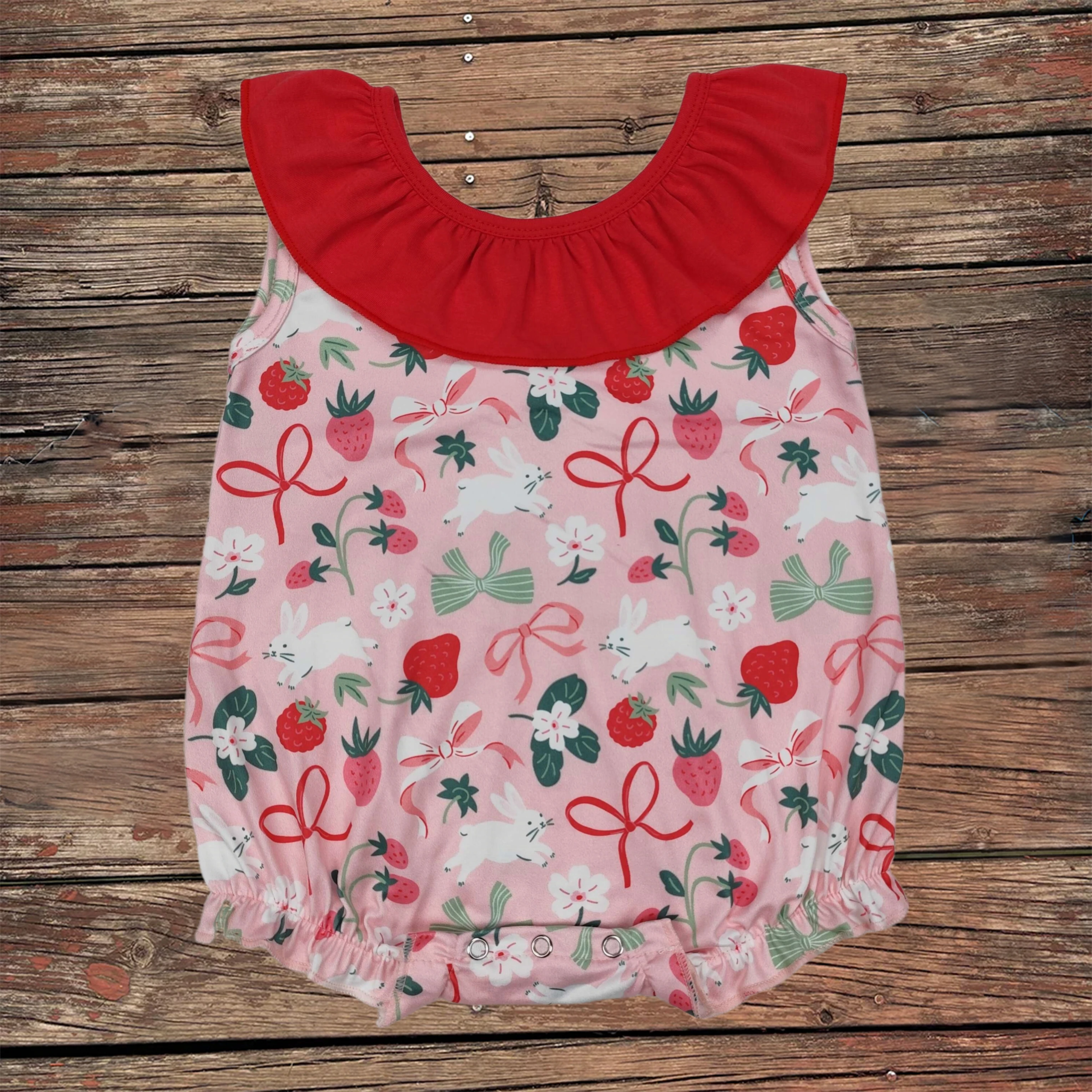

Wholesale Baby Girl Easter Rabbits Romper Kids Toddler Strawberry Bows Onesie Newborn Infant Children Ruffle Sleeveless Bodysuit