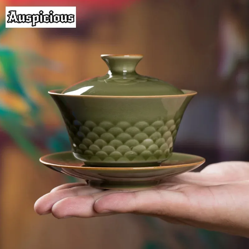 

100 мл Handmad Longquan Celadon ручной захват Gaiwan рыбные весы три таланта чай Tureen чайный чайник чаша чайная церемония подарок