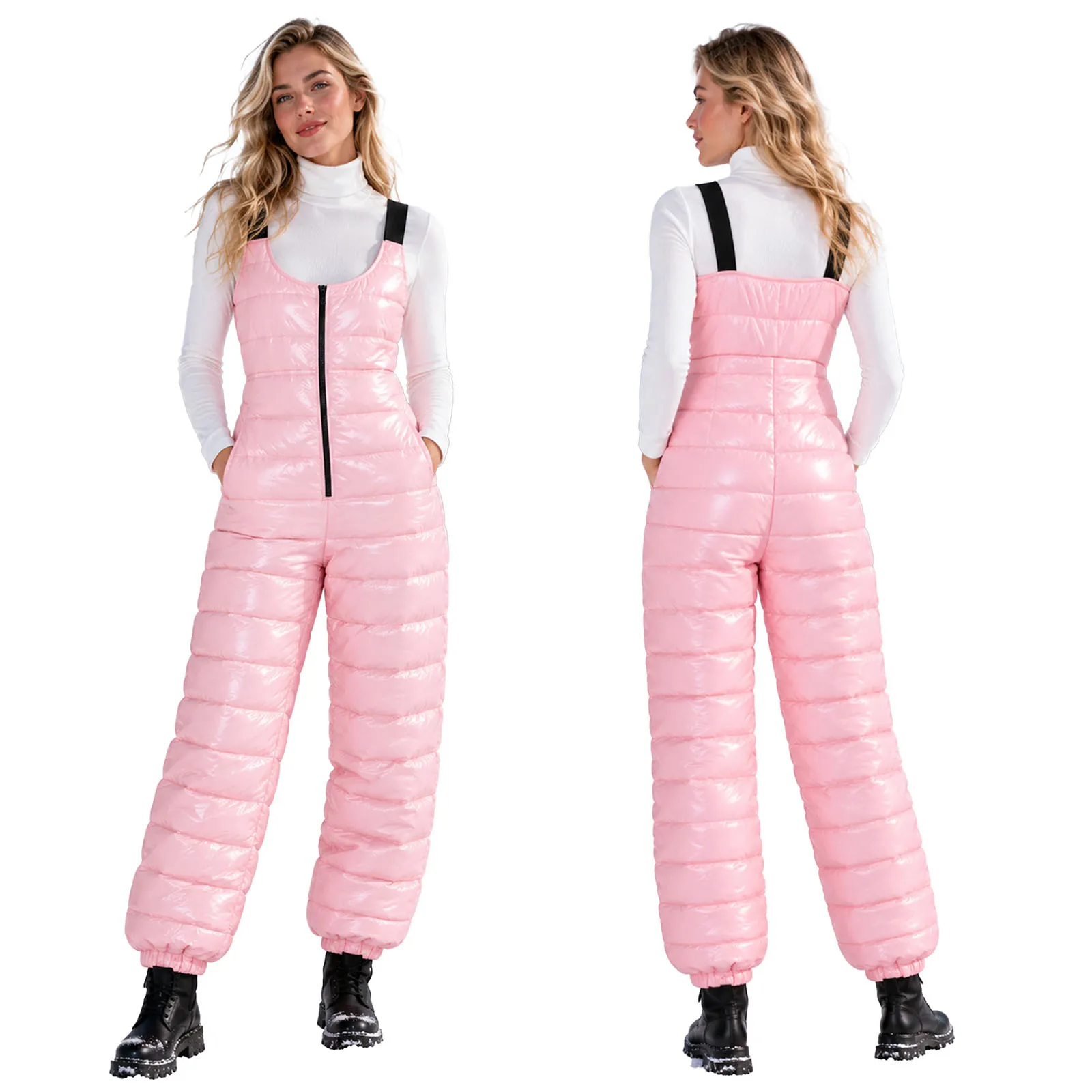 Women Waterproof Quilted Puffer Bib Overalls with Pockets Elastic Straps Zipper Jumpsuit Skiing Snowboard Ice Skating Costume