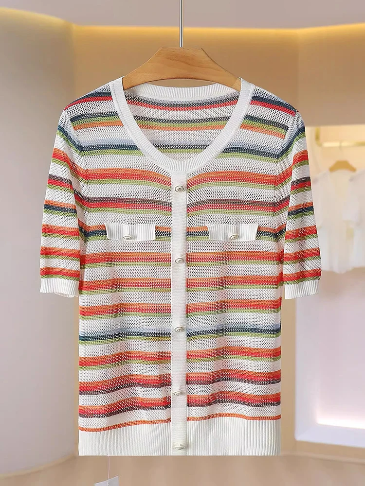 

Легкий дышащий вязаный топ из полого ледяного шелка, летний, универсальный, базовый, с цветными блоками и полосками, с коротким рукавом