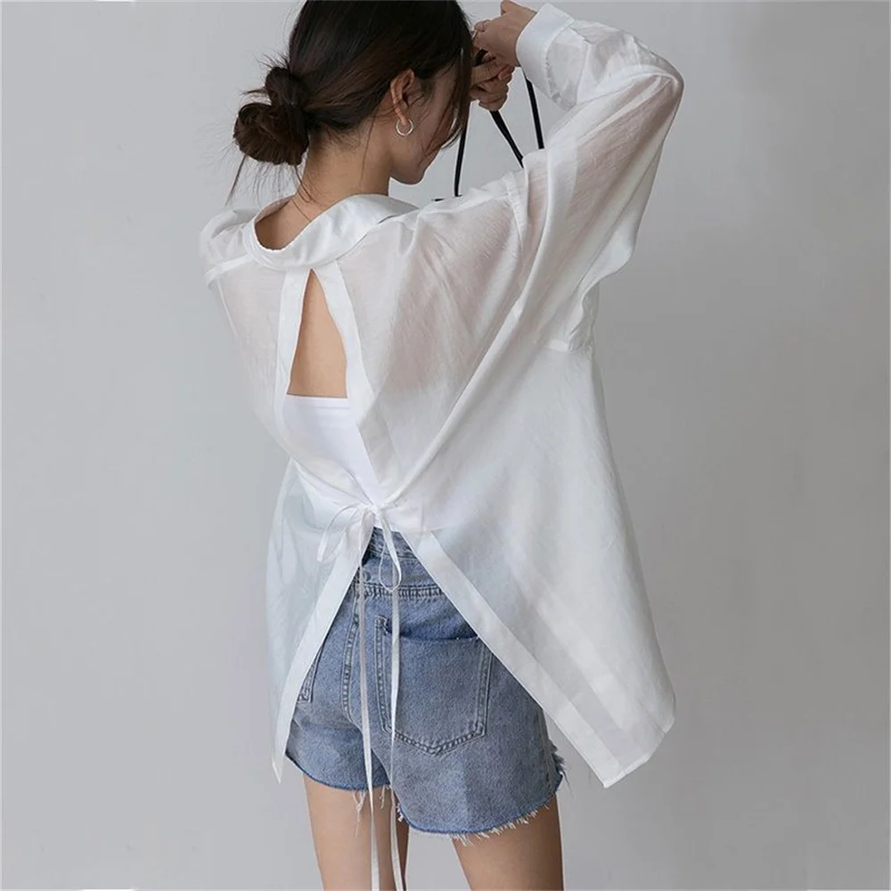 

2025 Summer Korean Fashion Loose Blouse Sexy See Through Back Bandage Shirt Ladies Casual All Match Blusas Tops