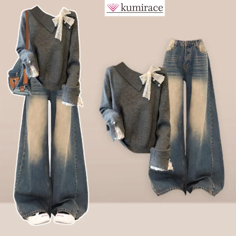 

Осенний дизайн 2024, женский модный нишевый свитер с открытыми плечами в сочетании с винтажными джинсами, комплект из двух предметов, комплекты брюк