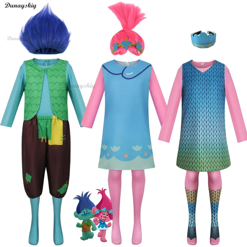 Disfraz de rama de troll para niños de Anime, peluca de cosplay de amapola trolls para niñas, disfraz de Halloween para niños, trajes de Carnaval de Purim