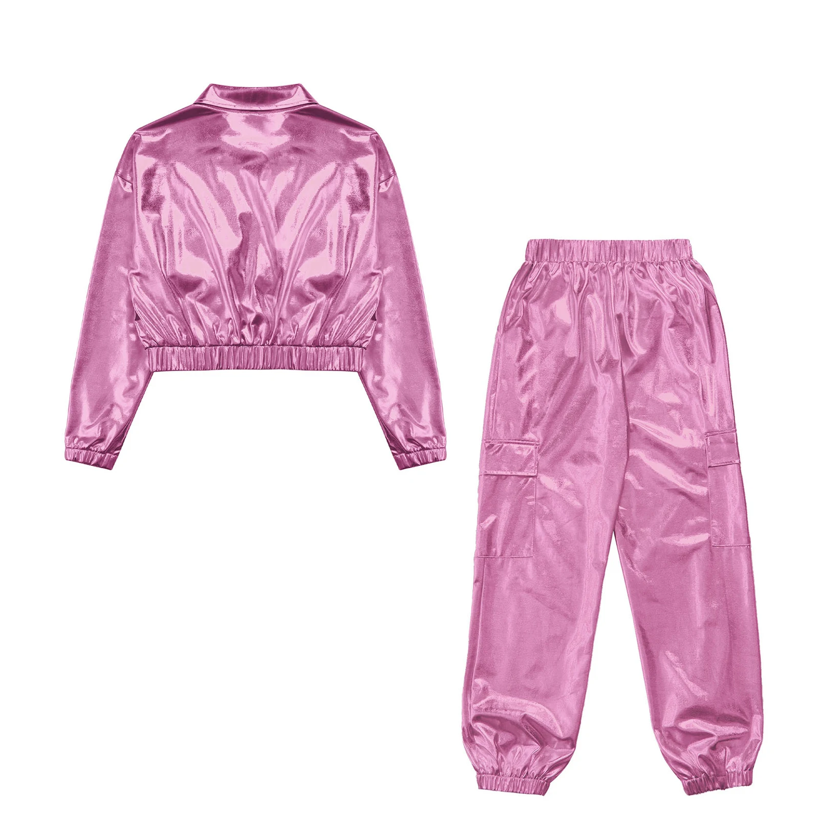 Kinder Jungen Mädchen Jazz Hip-Hop Street Dance Performance Kostüm Metallisch glänzend Langarm Sportjacke Mantel mit Hosen Outfits – Detail 35