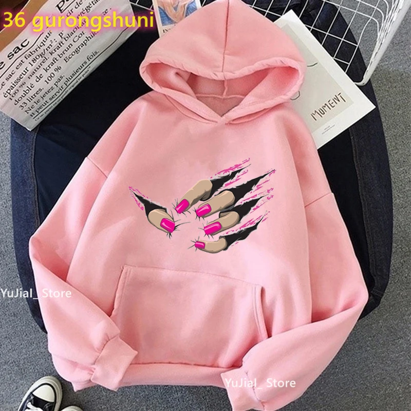 Grappige Nagels Print Cap Hoodies Dameskleding Luxe Make-Up Mode Sweatshirt Femme Lange Mouwen Fluwelen Verdikking Jas