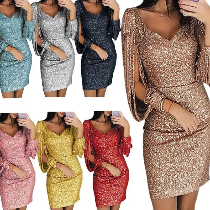 Sexy Long Sve Sequin Tassel Bodycon Dr for Night Club Par 25-29 Years Old Women Polyester Street Sle V-Ne ort S...