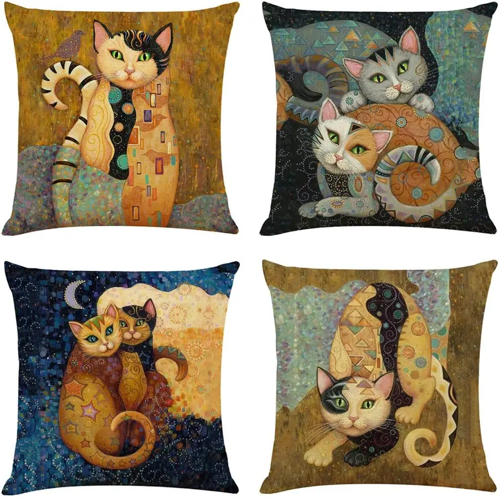 Art Cat  Pillow Case Set of 4 Funny Cat Throw Pillow Cover Children Room Decoration Boy KID Room Decor for Sofa Couch Bed 40x40