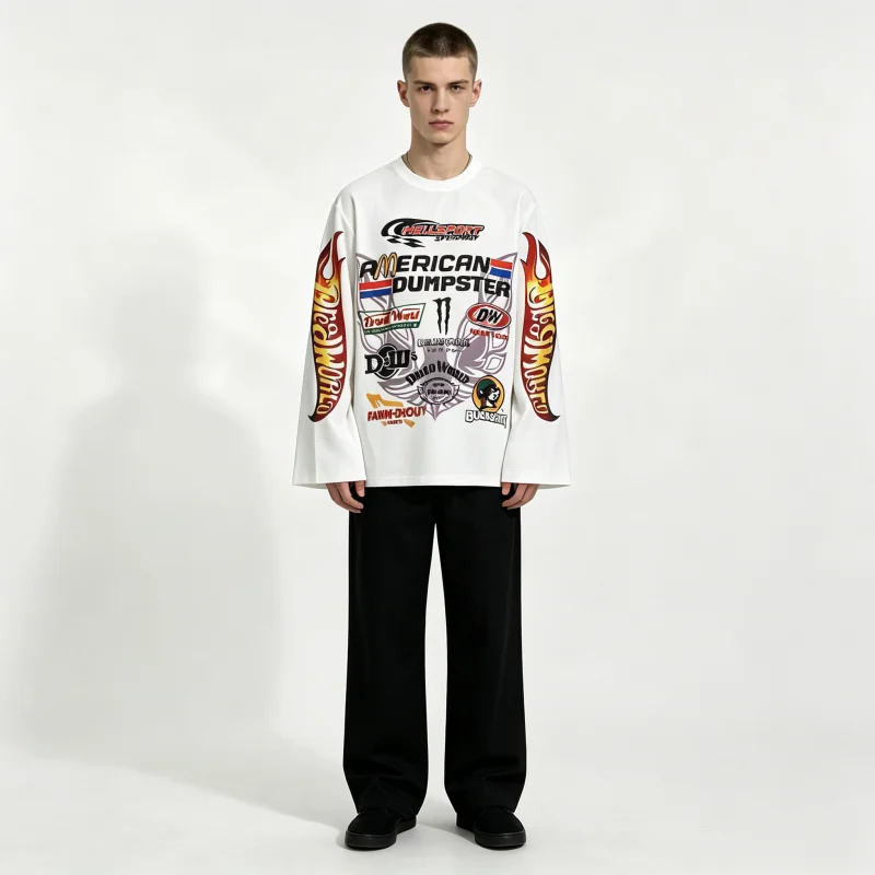 Vintage racing printed long sleeved T-shirt Y2K waffle knit round neck loose retro streetwear casual pullover