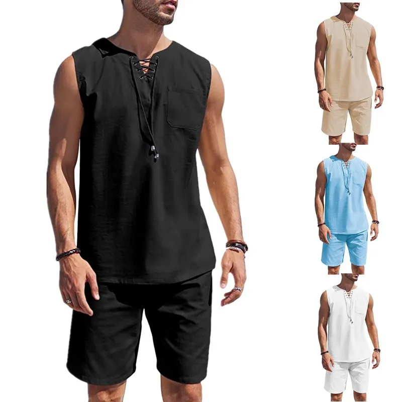 New 2024 Men\'s Summer Cotton Linen Sets Solid Short Sleeve Lapel Shirts and Shorts Sets Man Hawaiian Beach Holiday Clothing Sets