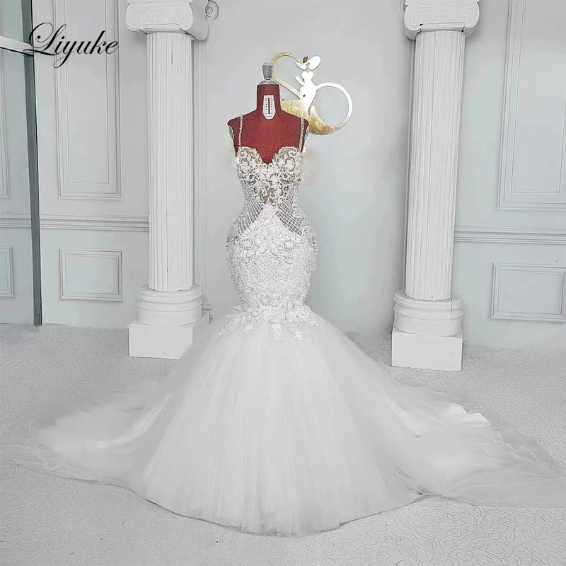 

Liyuke Fantastic Lace Sweetheart Mermaid Weddind Dress With Beading Pearls Embroidery Lace Spaghetti Straps Trumpet Bridal Gowns