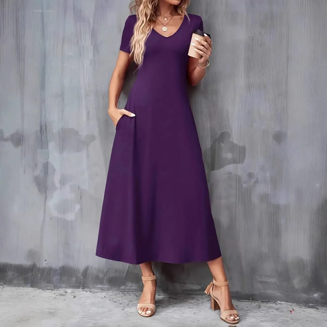 

Summer Women's Solid Color V Neck Short Sleeve Pocket Loose Fit Elegant Commute Comfortable Leisure Daily Wear Trendy Midi Dress