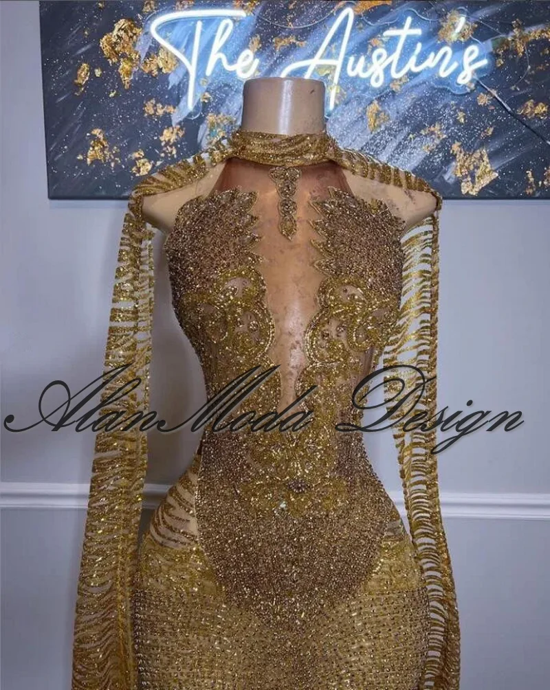 Sparkly Gold Mermaid Prom Dress with Cape Cloak Crystal Beaded Sequins Glitter Mesh Red Carpet Party Gown For Women