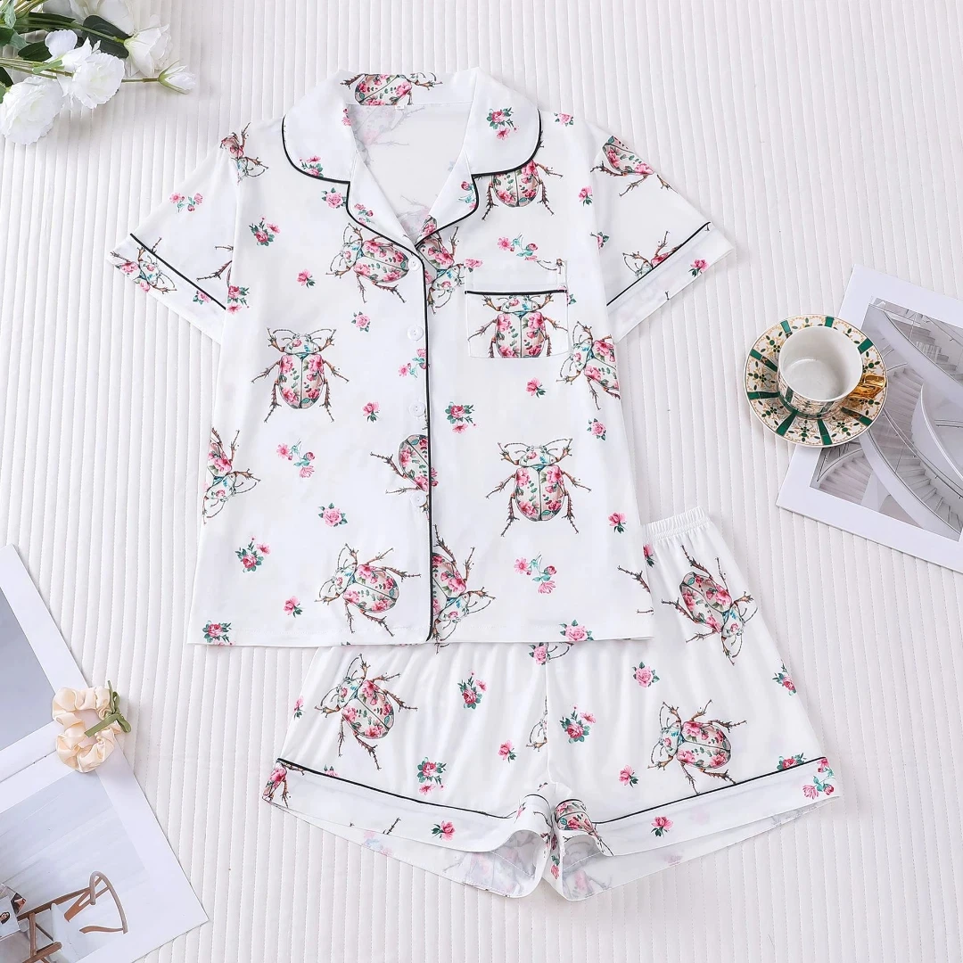 

Ladybug Flowers Print Pajamas Lapel Short Sleeve Short Pants Loungewear Home Wear Set Sleepwear Clothes for Christmas Gift for