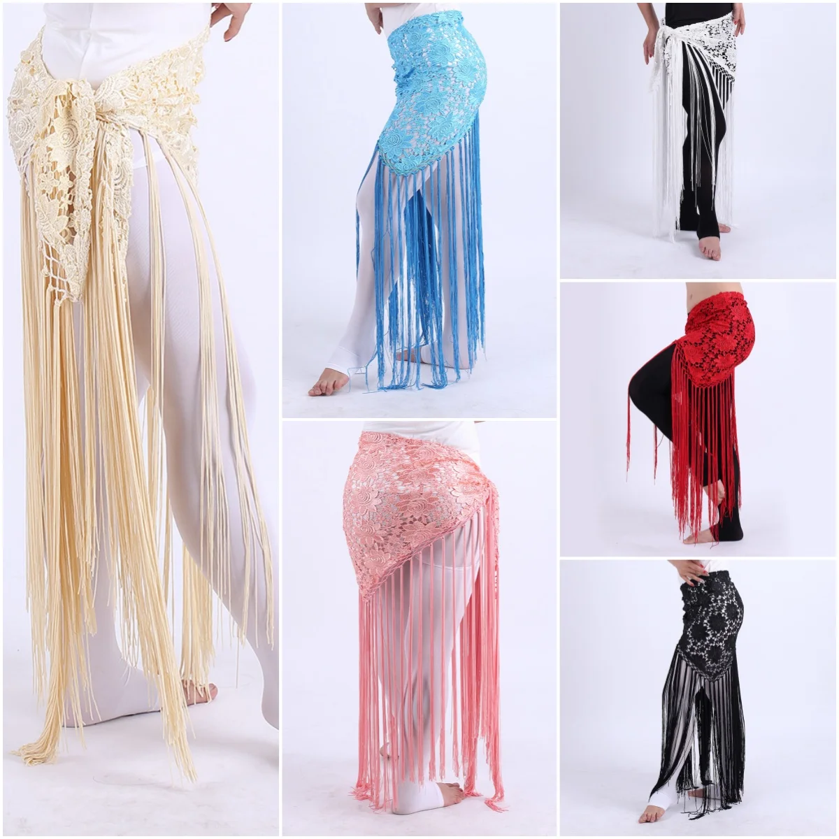 Performance Belly Dance Waist Chain Water-soluble Lace Tassel Red Triangle Scarf Hip Scarf Performance Practice Waist Scarf