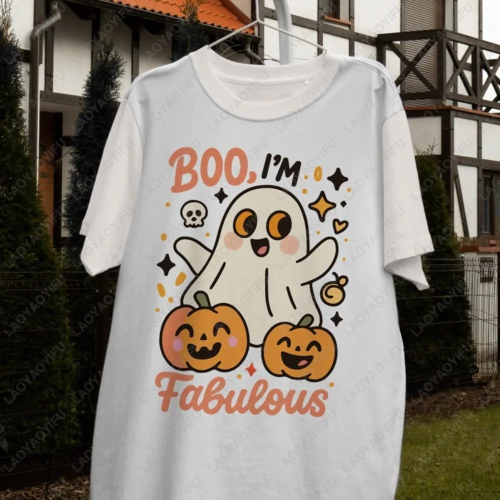 Halloween Cute Ghost Spooky Season Printed Pattern T-shirt Tops Kawaii Terror Pumpkin Skeleton Creative Unisex Crewneck Tshirt