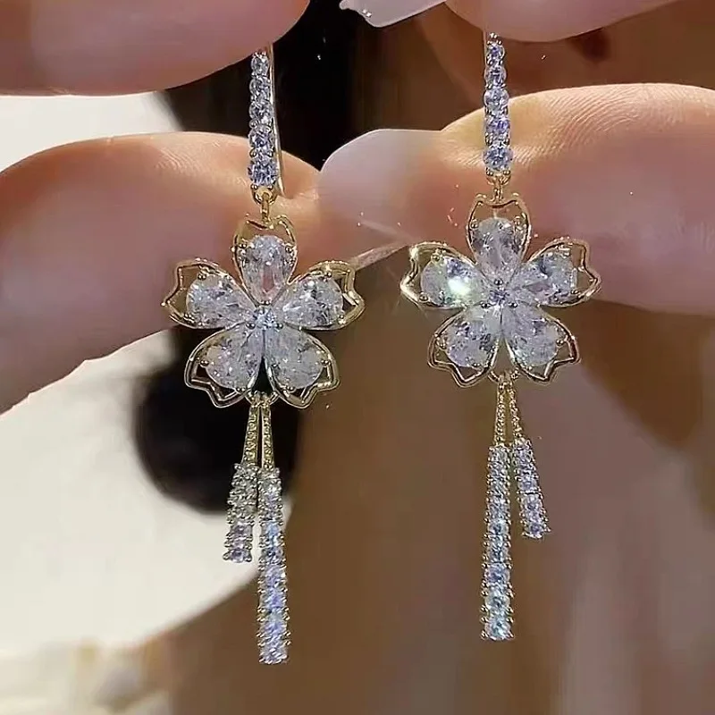 New Exquisite Luxury Zircon Flower Tassel Earrings For Women Personality Fashion Earrings Wedding Party Jewelry Christmas Gifts