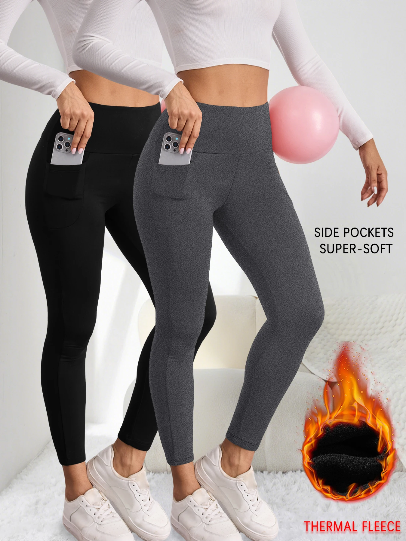 

2 pack Thermal Fleece Lined Leggings with Pockets for Women-High Waisted Tummy Control Winter Warm Tights Workout Running Pants