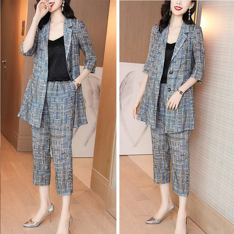 Summer Single/Suit Female 2022 Spring Autumn New Light Mature Style Suit Jacket Two-Piece Temperament Female Long Blazer Sets La