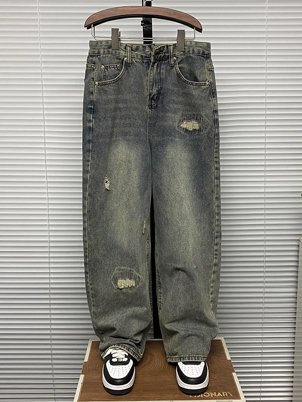 

Retro American Denim Pants High Street Wide Leg Trendy Long Loose undbreaking Men Women Spring Autumn Wear Resistant