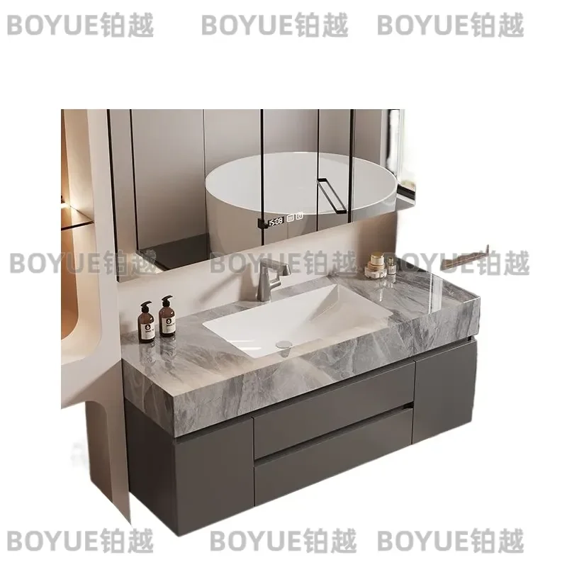 Luxury Seamless Sintered Stone Ceramic Integrated Basin Bathroom Vanity Cabinet Smart Sensor Faucet Modern Washbasin Unit