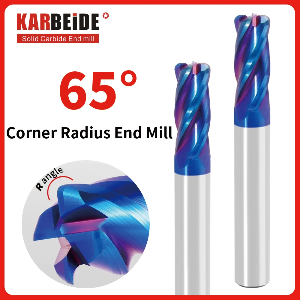 KARBEIDE Carbide Tungsten Steel Corner Radius End Mill 4-Flute Blue Nano Coating HRC65 Bull Nose Cutter CNC Tool