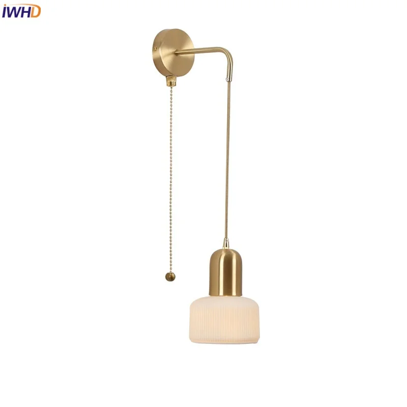 IWHD Ceramic Nordic LED Wall Light Fixture Pull Chain Switch Dining Living Room Aisle Simple Copper Bedside Lamp Applique Murale