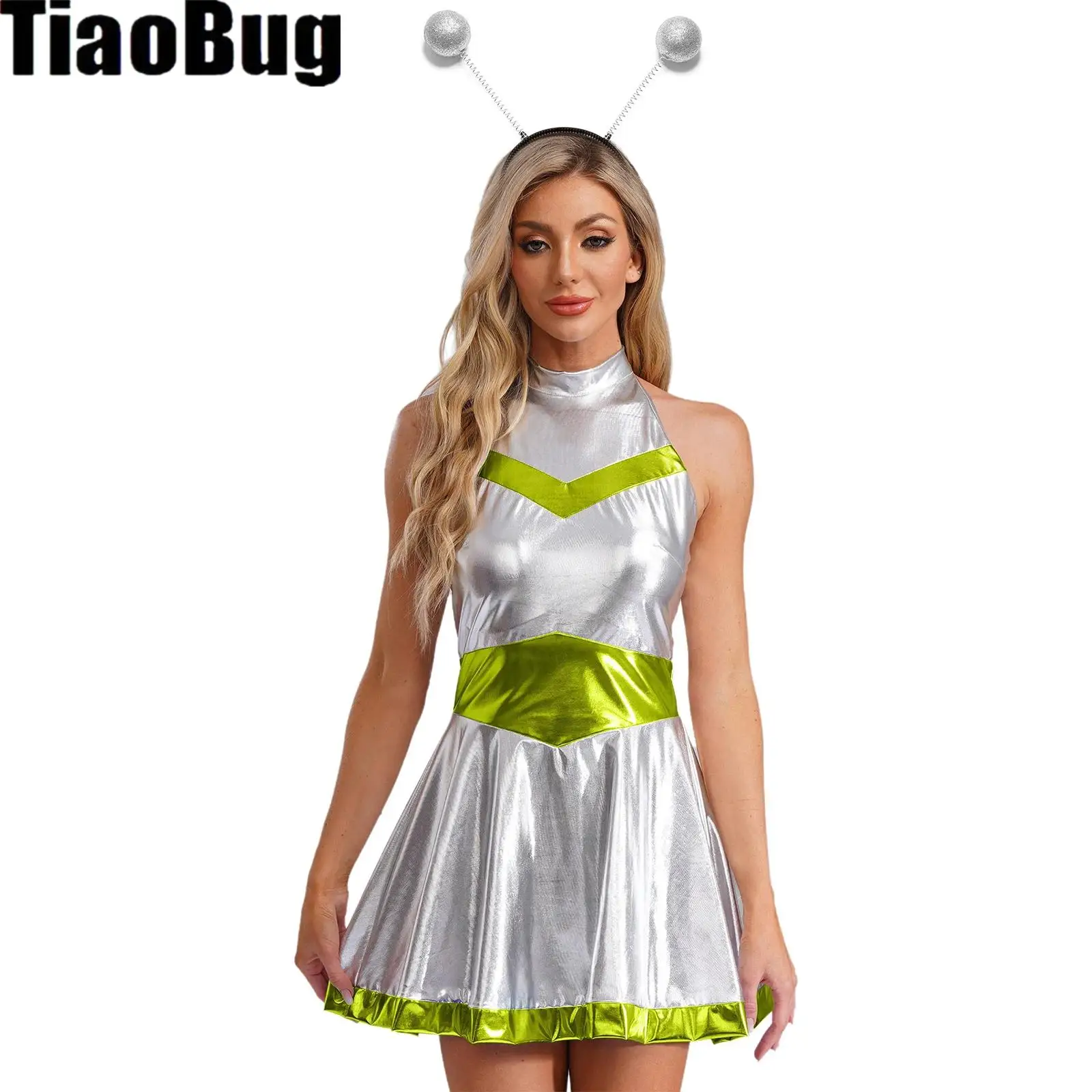 

Women Shiny Alien Dress Holographic Halloween Halter Neck Open Back A-line Short Dress with Hair Hoop Cosplay Accessory