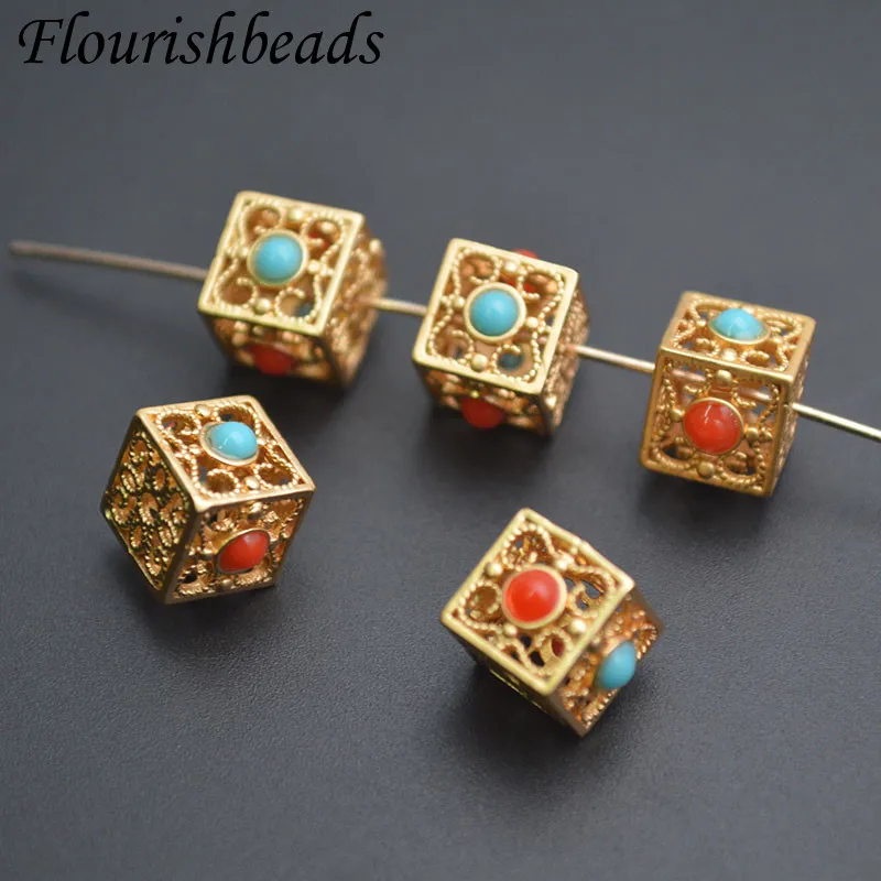 Wholesale 8mm Square Shaped Openwork Matte Gold Color Vintage Style Nepalese Beads for Women DIY Fashion Jewelry Supplies