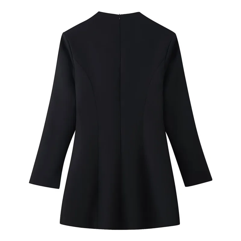 Chic Cutout Black Dress 2026 Metal Button Long Sleeve Mini Dress Sexy Avant-Garde High Street Party Clubwear Elegant Dress